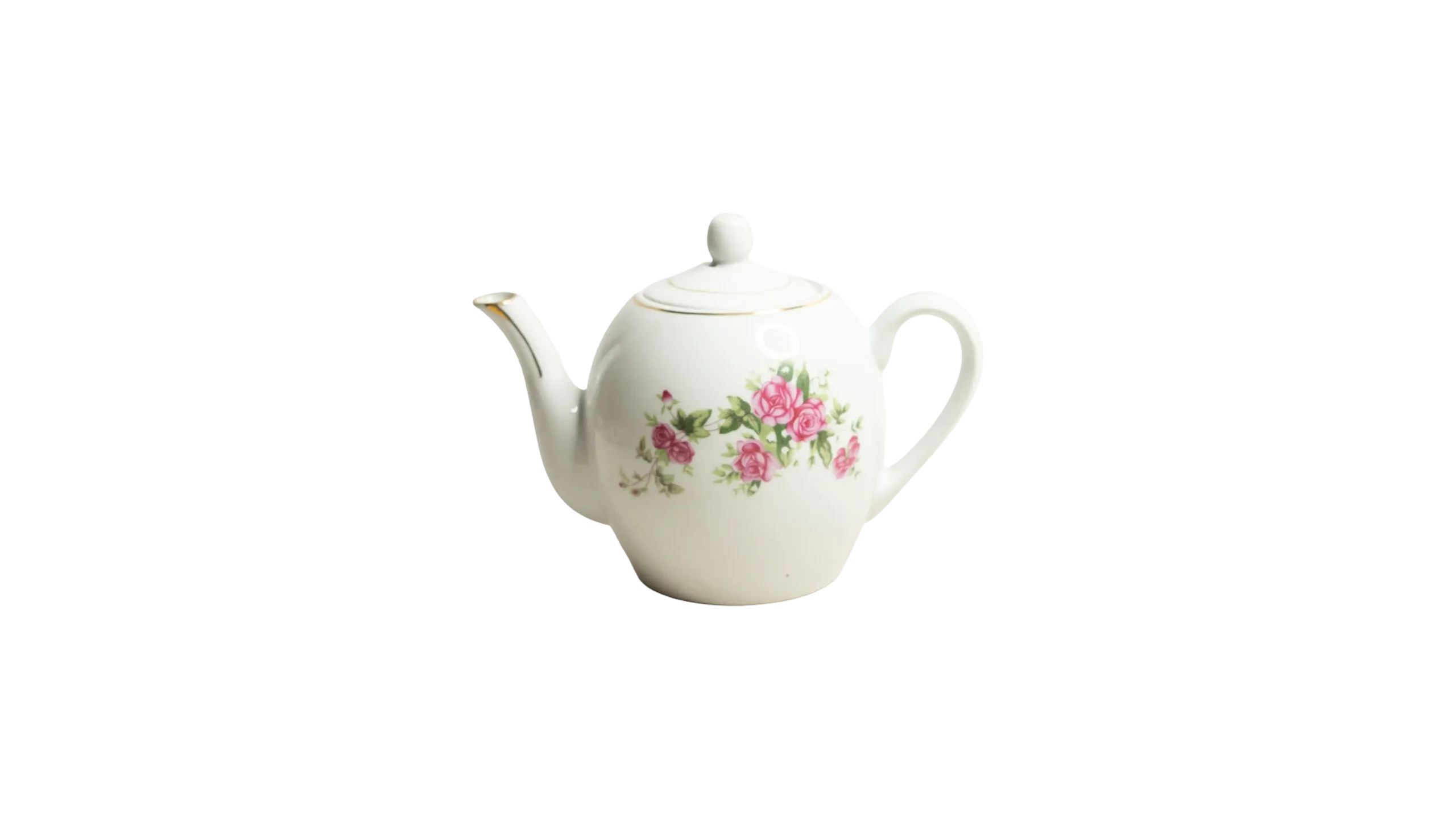 DSC01036 Pink Moss Rose Teapot Floral Design with Gold Trim - White Porcelain Teapot - Image 1