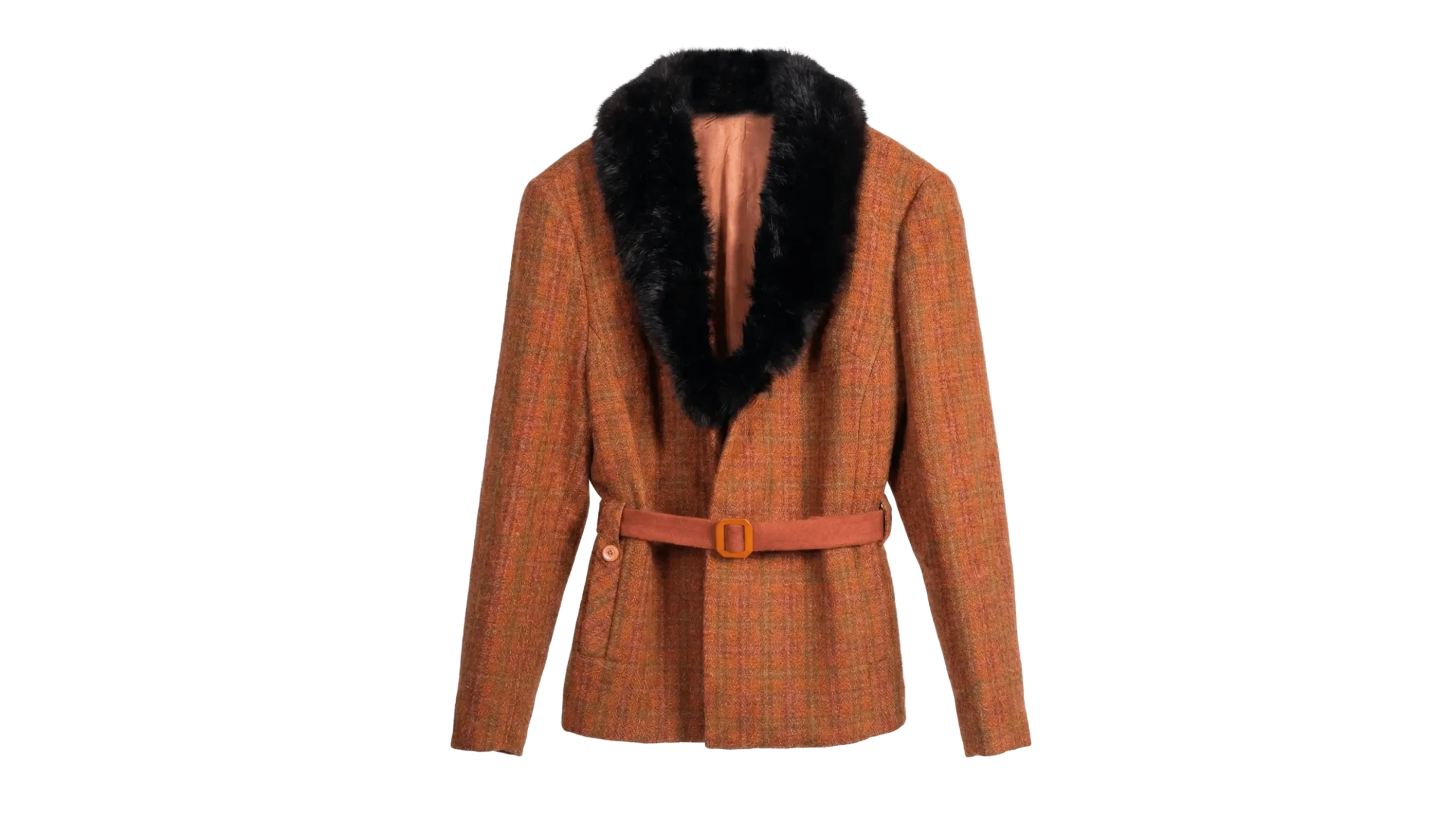 13 Checkered Faux Fur Collar Pure Virgin Wool Women's Short Coat - Image 1