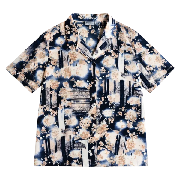 Abstract Floral Short-Sleeve Blue & Cream Button-Up Shirt