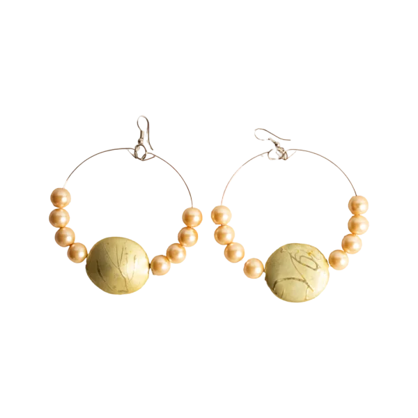 Boho Artisan Gold Pearl Hoop Earrings with Abstract Focal Bead