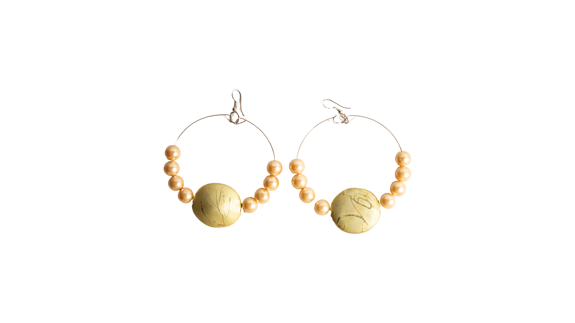 DSC06350 Boho Artisan Gold Pearl Hoop Earrings with Abstract Focal Bead - Image 1