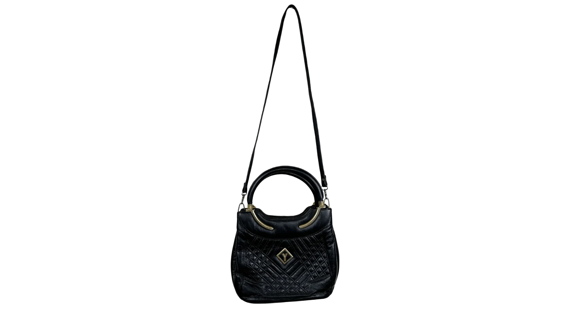 FNK134 Black Quilted Leather Satchel with Gold Accents - Image 1