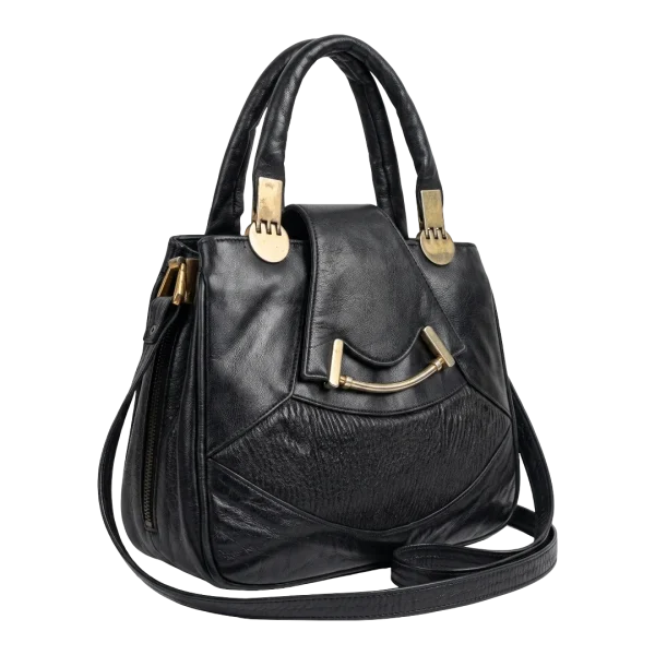 Black Genuine Leather Handbag with Dual Handles & Shoulder Strap