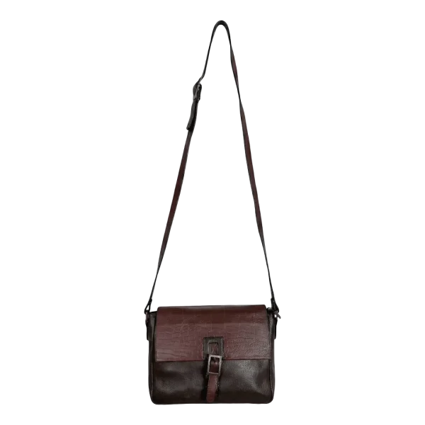 Two-Tone Brown Genuine Leather Crossbody Bag With Croc-Embossed Flap