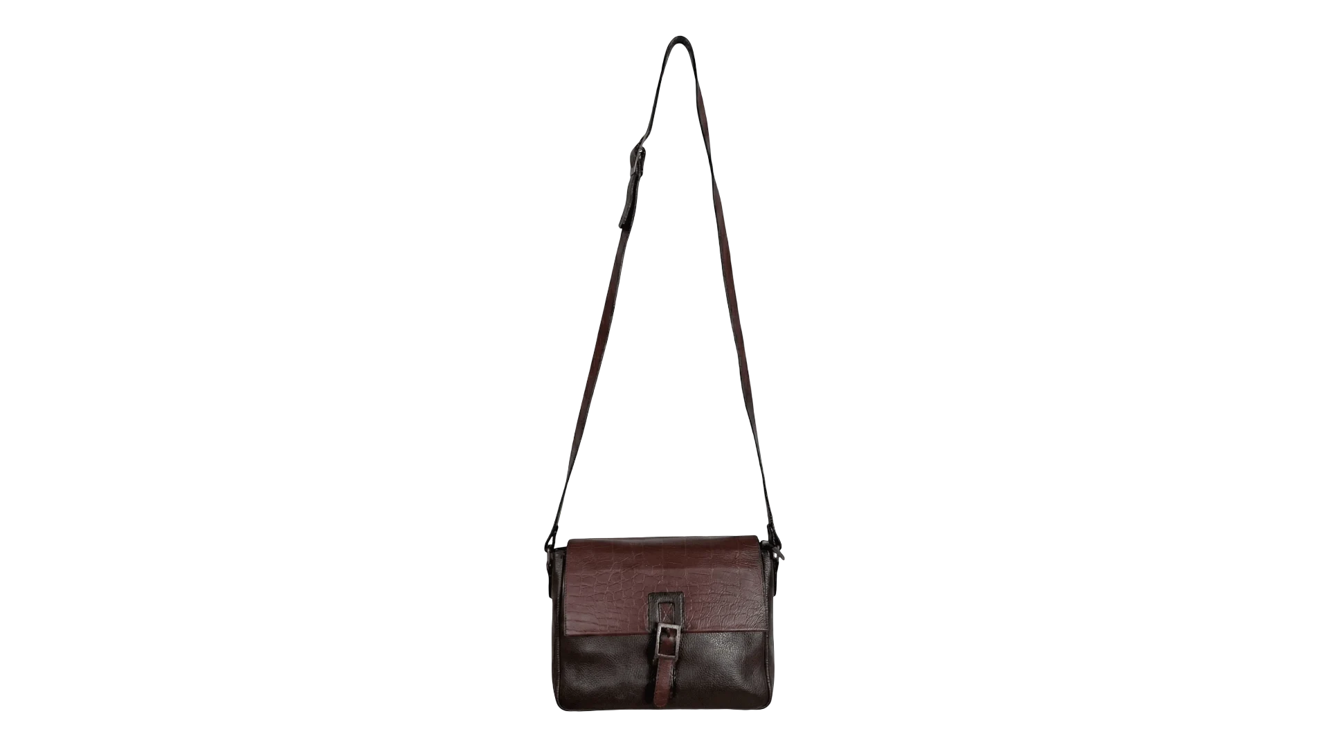 FNK144 Two-Tone Brown Genuine Leather Crossbody Bag With Croc-Embossed Flap - Image 1