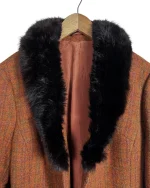 Checkered Faux Fur Collar Pure Virgin Wool Women's Short Coat - Image 2
