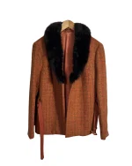 Checkered Faux Fur Collar Pure Virgin Wool Women's Short Coat - Image 3