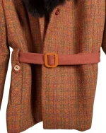 Checkered Faux Fur Collar Pure Virgin Wool Women's Short Coat - Image 4
