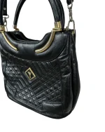 Black Quilted Leather Satchel with Gold Accents - Image 3