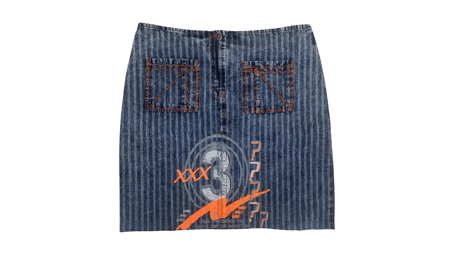 FNK181 Y2K Striped Denim Graphic Skirt w/ front pockets - Image 1