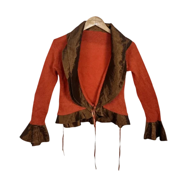 Rust Knit Tie-Front Cardigan with Satin Trim