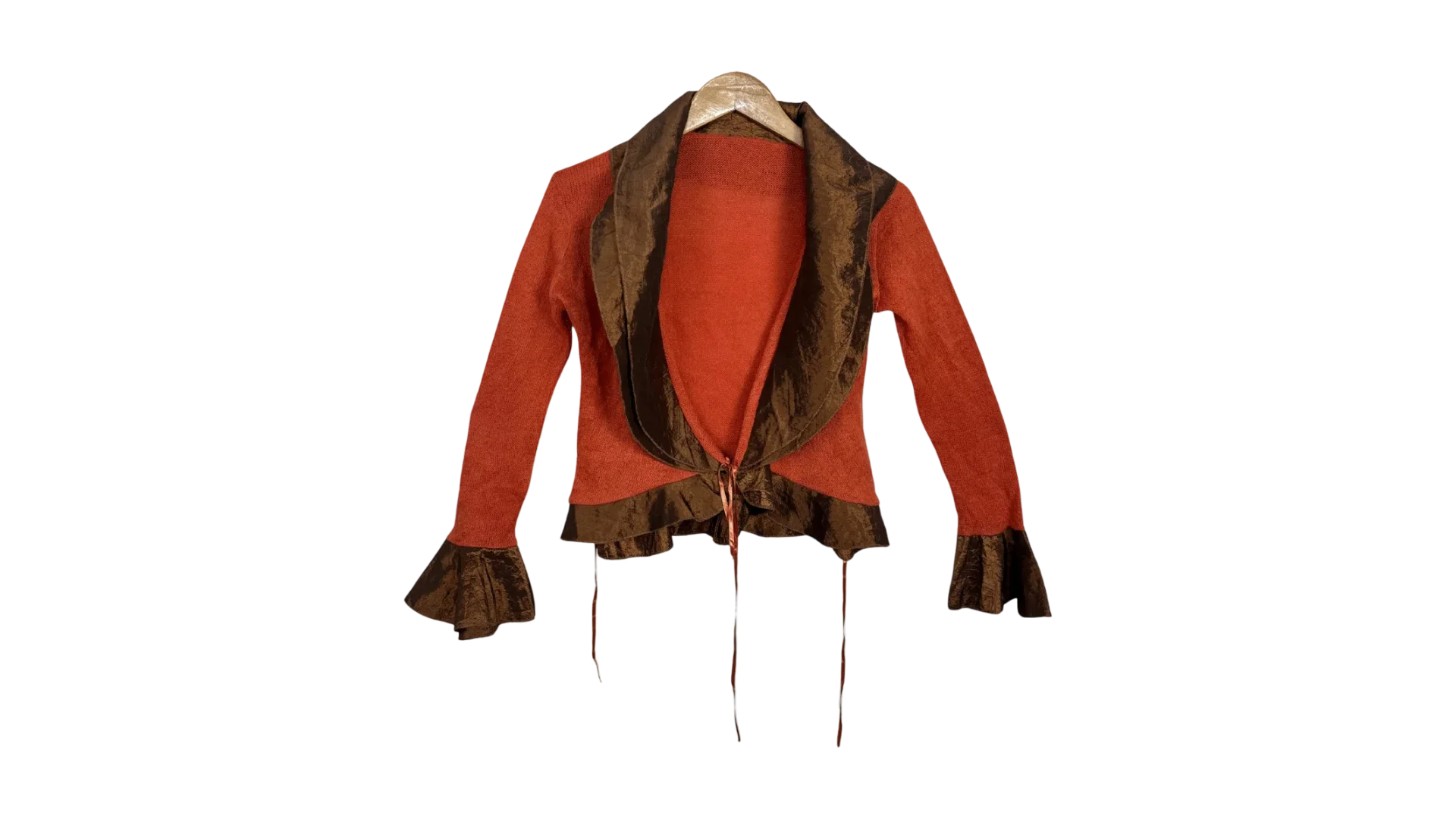 FNK211 Rust Knit Tie-Front Cardigan with Satin Trim - Image 1