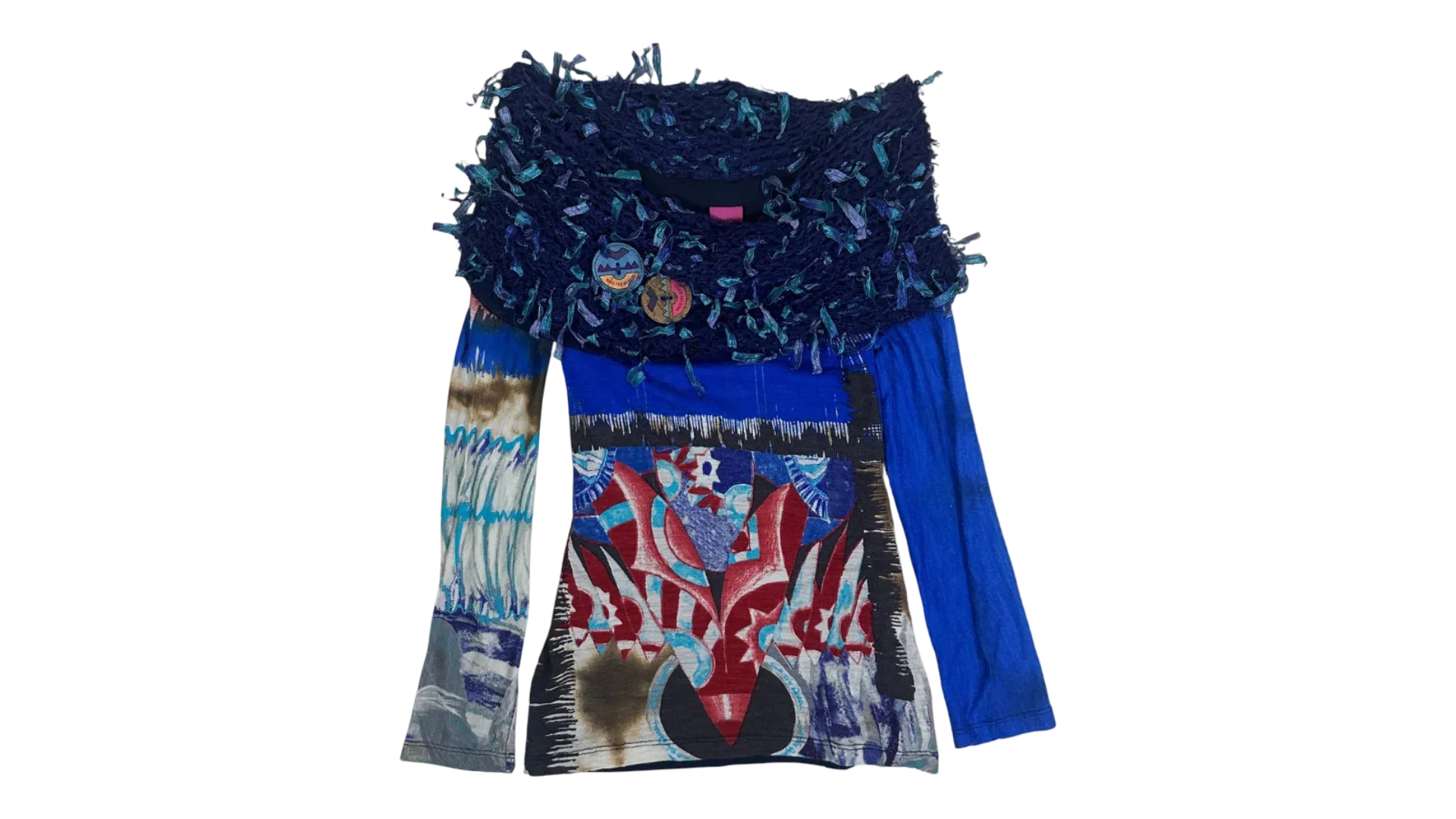 FNK215 Y2K Save The Queen Mixed Print Off-Shoulder Statement Top - Image 1