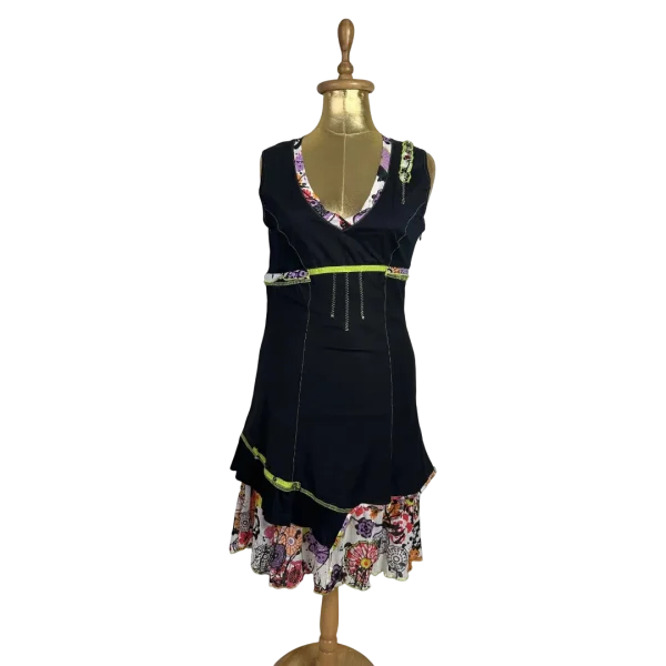 Y2K Cache Cache Black Layered Dress with Floral Ruffle Hem