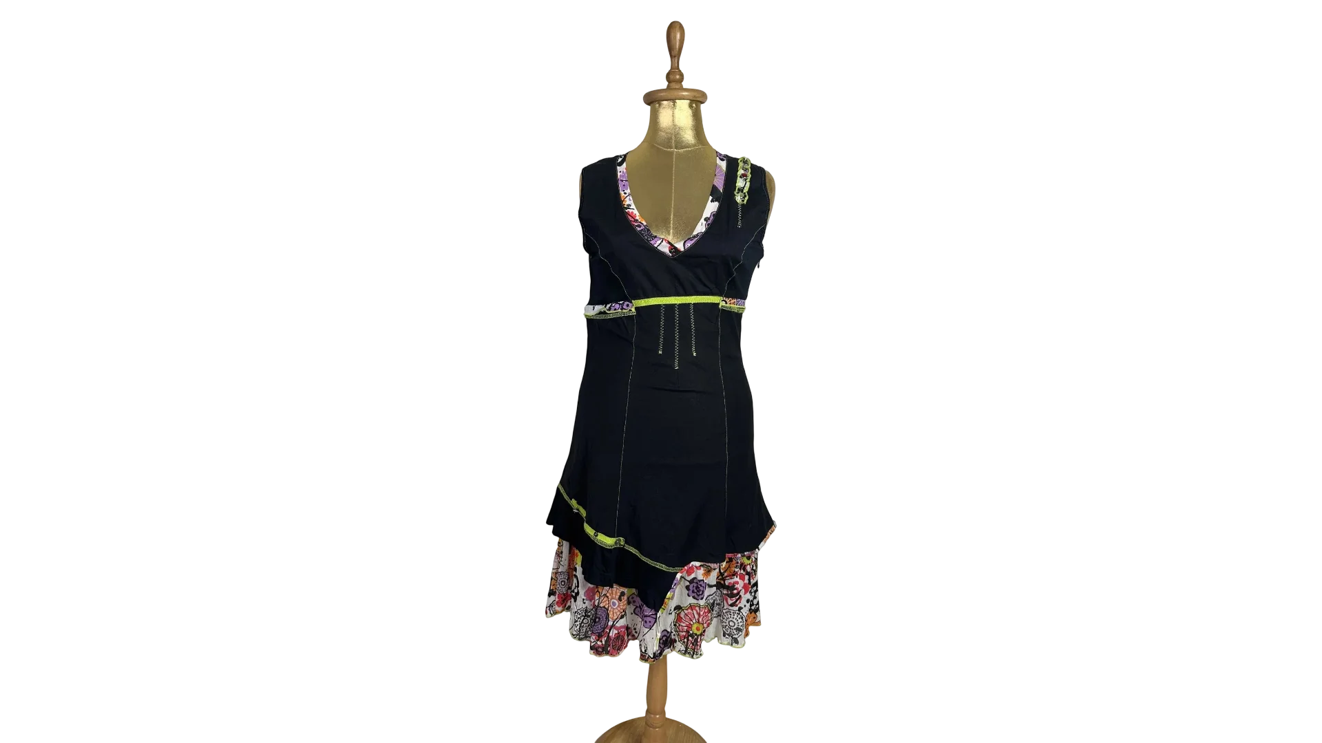 FNK229 Y2K Cache Cache Black Layered Dress with Floral Ruffle Hem - Image 1