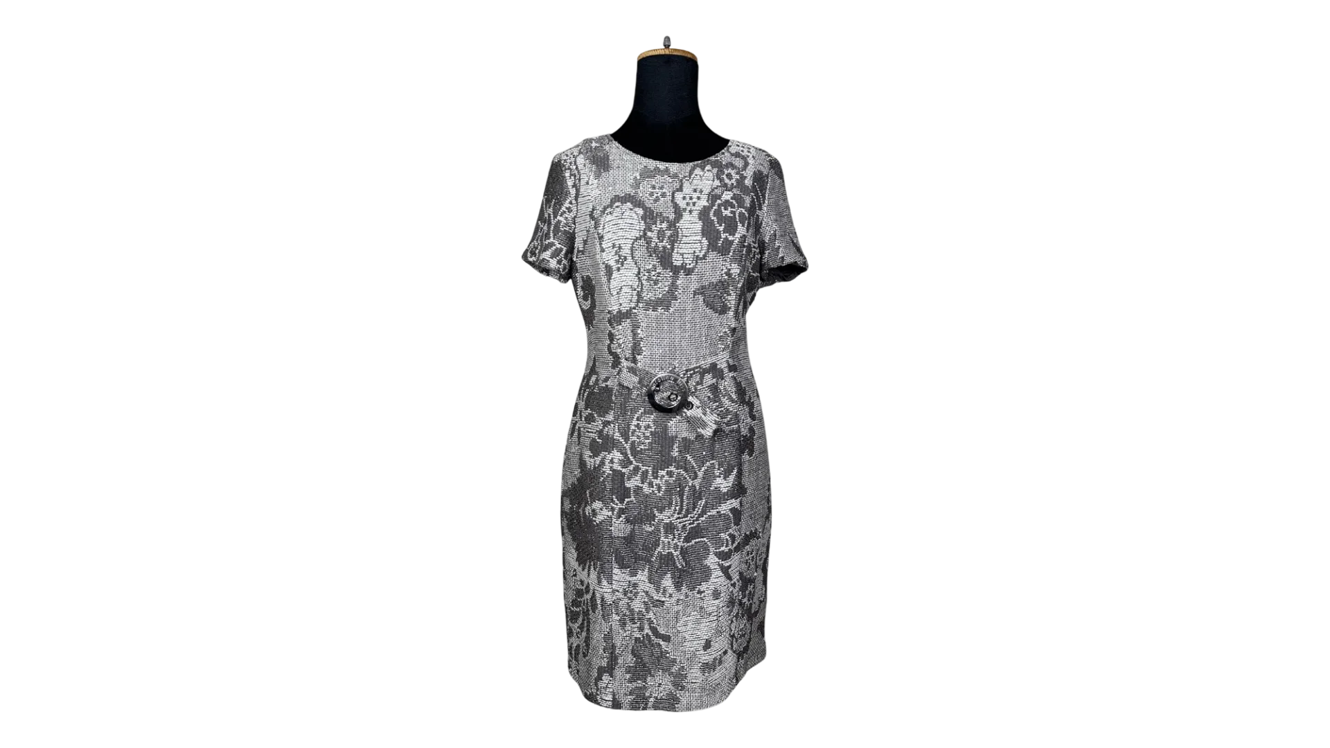 FNK232 Caroline Biss Floral Brocade Midi Dress with Waist Detail - Image 1