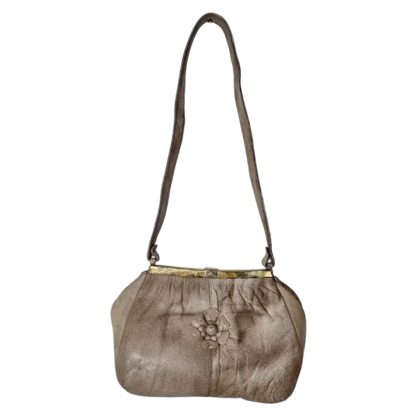 Taupe Genuine Leather Shoulder Bag with Floral Appliqué