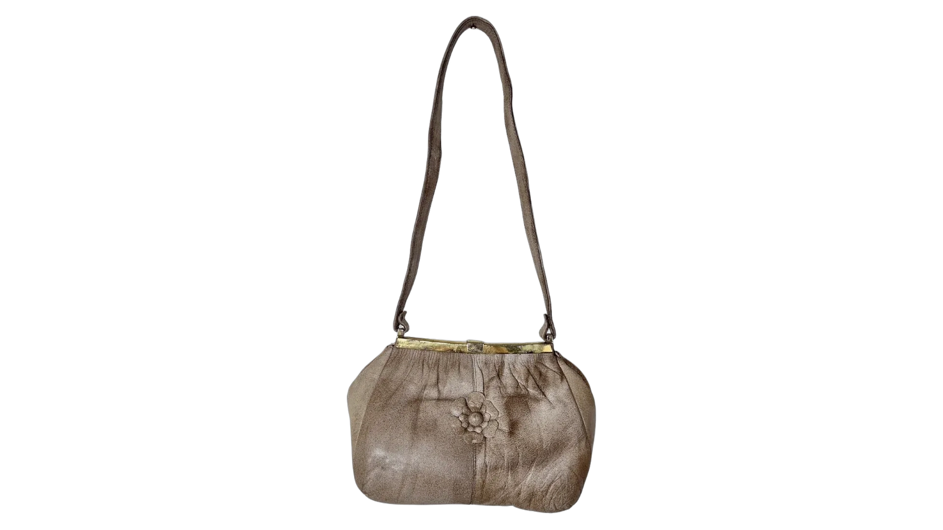 280 FNK299_01 Taupe Genuine Leather Shoulder Bag with Floral Appliqué - Image 1