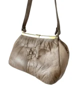 Taupe Genuine Leather Shoulder Bag with Floral Appliqué - Image 2