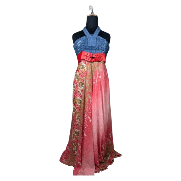Y2K Halter Maxi Dress with Denim Bodice & Red Leather Belt Detail