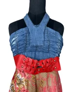 Y2K Halter Maxi Dress with Denim Bodice & Red Leather Belt Detail - Image 2