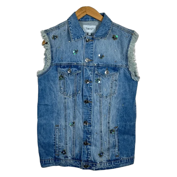 Twist Embellished Denim Vest with Raw Edges
