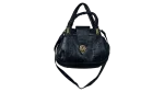 Black Genuine Leather Handbag with Croc Panels & Gold Lock