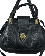 Black Genuine Leather Handbag with Croc Panels & Gold Lock - Image 2