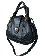 Black Genuine Leather Handbag with Croc Panels & Gold Lock - Image 3