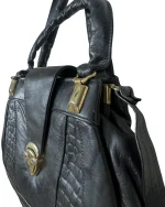 Black Genuine Leather Handbag with Croc Panels & Gold Lock - Image 4