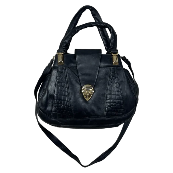 Black Genuine Leather Handbag with Croc Panels & Gold Lock