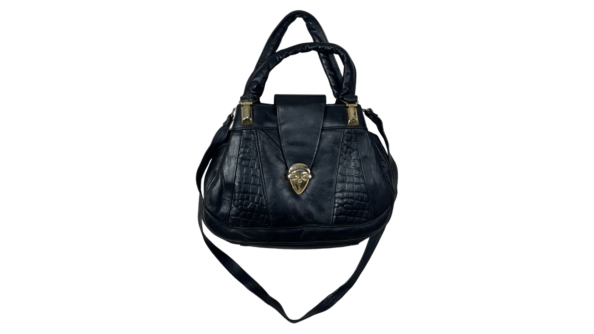 FNK326 Black Genuine Leather Handbag with Croc Panels & Gold Lock - Image 1
