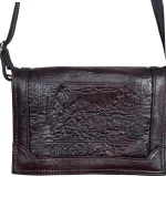 Embossed Egyptian Motif Burgundy Genuine Leather Crossbody Bag - Image 3