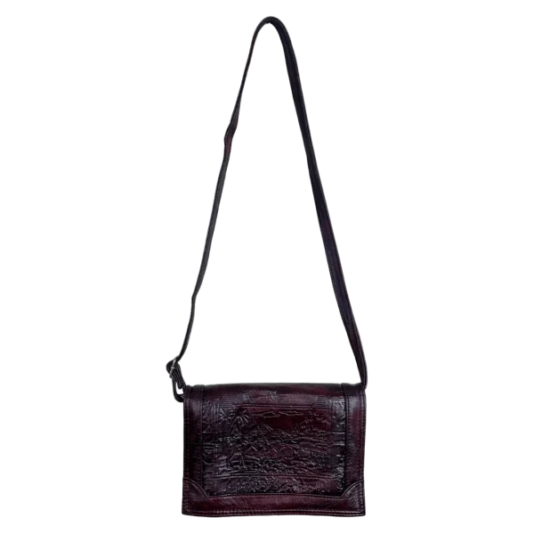 Embossed Egyptian Motif Burgundy Genuine Leather Crossbody Bag