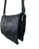 Genuine Leather Embossed Egyptian Motif Black Crossbody Bag - Image 6
