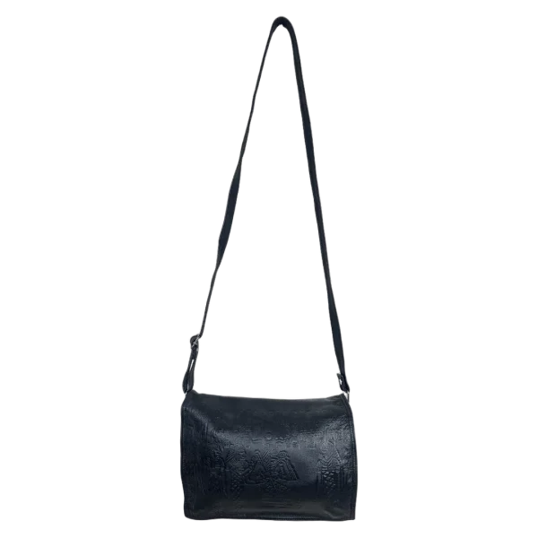 Genuine Leather Embossed Egyptian Motif Black Crossbody Bag