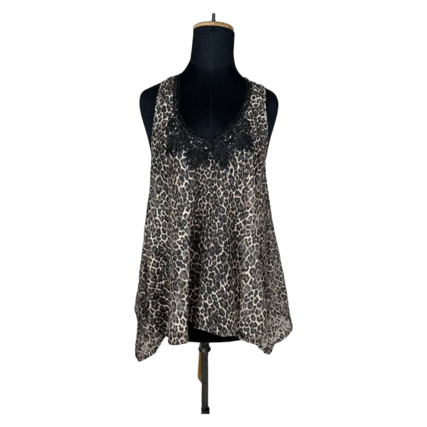 Y2K River Island Assymetrical Leopard Tank Top with Lace Trim