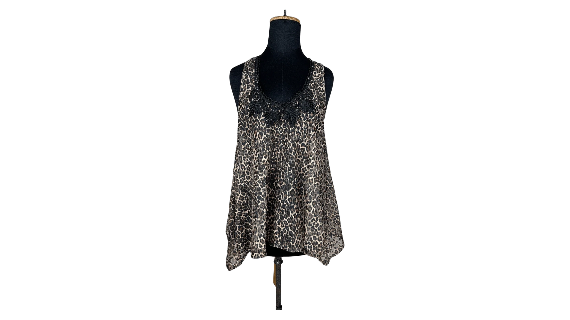 FNK341 Y2K River Island Assymetrical Leopard Tank Top with Lace Trim - Image 1