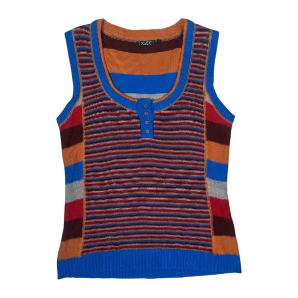 Y2K XSIDE Button-Front Mixed Stripe Knit Top