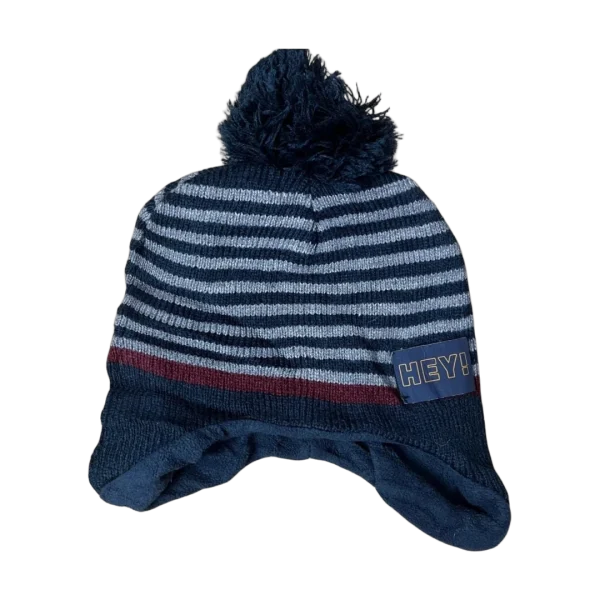 Striped Beanie with Pom-Pom – “HEY!” Patch