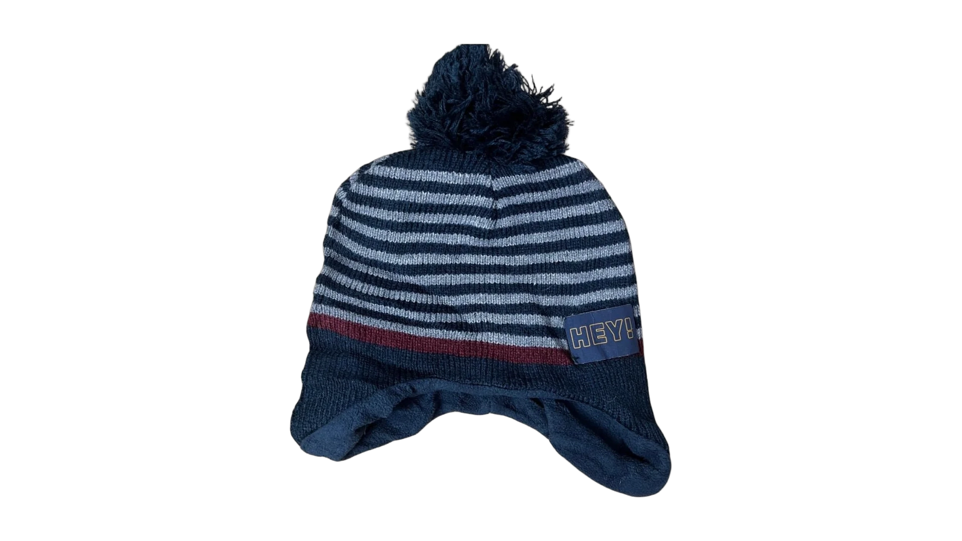 FNK348 Striped Beanie with Pom-Pom – “HEY!” Patch - Image 1