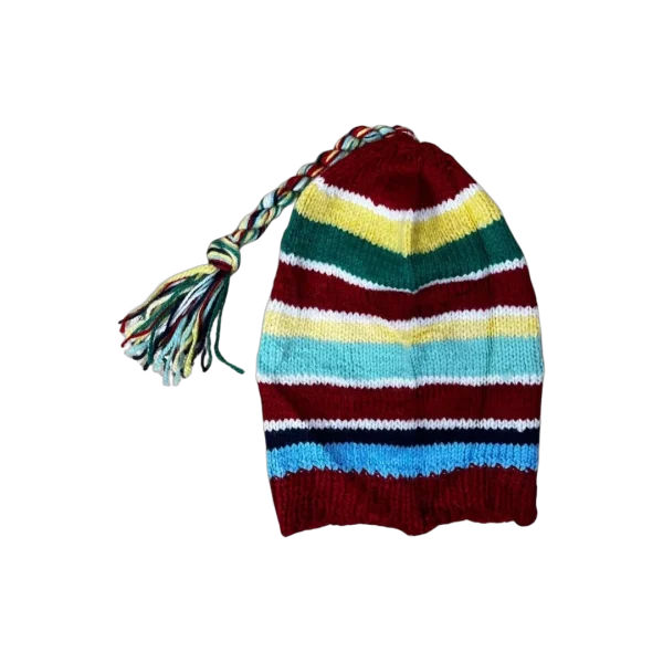 Striped Knit Beanie with Braided Tassel