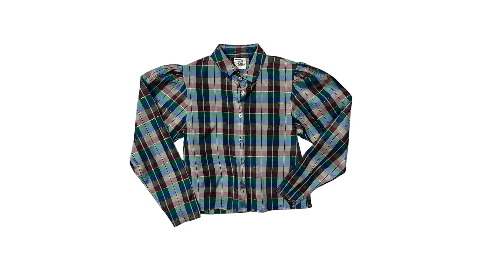 FNK385 Verna Spence Plaid Puff Sleeve Cropped Fit Shirt - Image 1