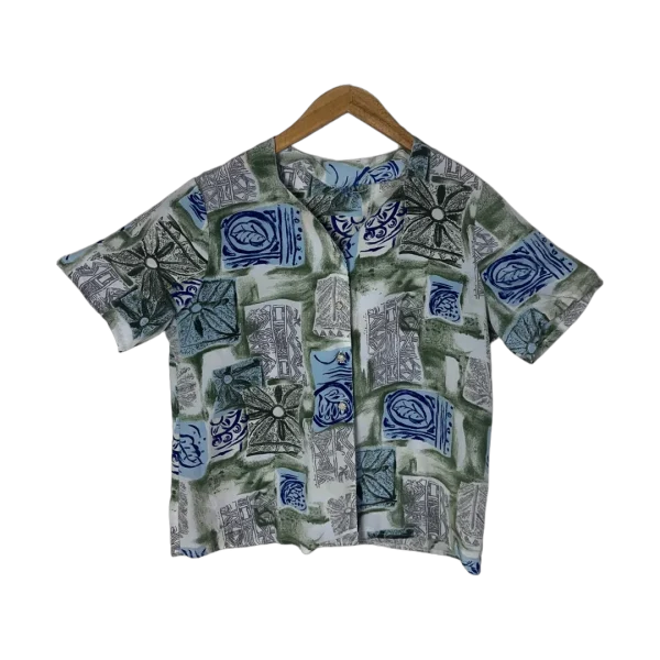 90s Abstract Geometric Leaf Print Blouse