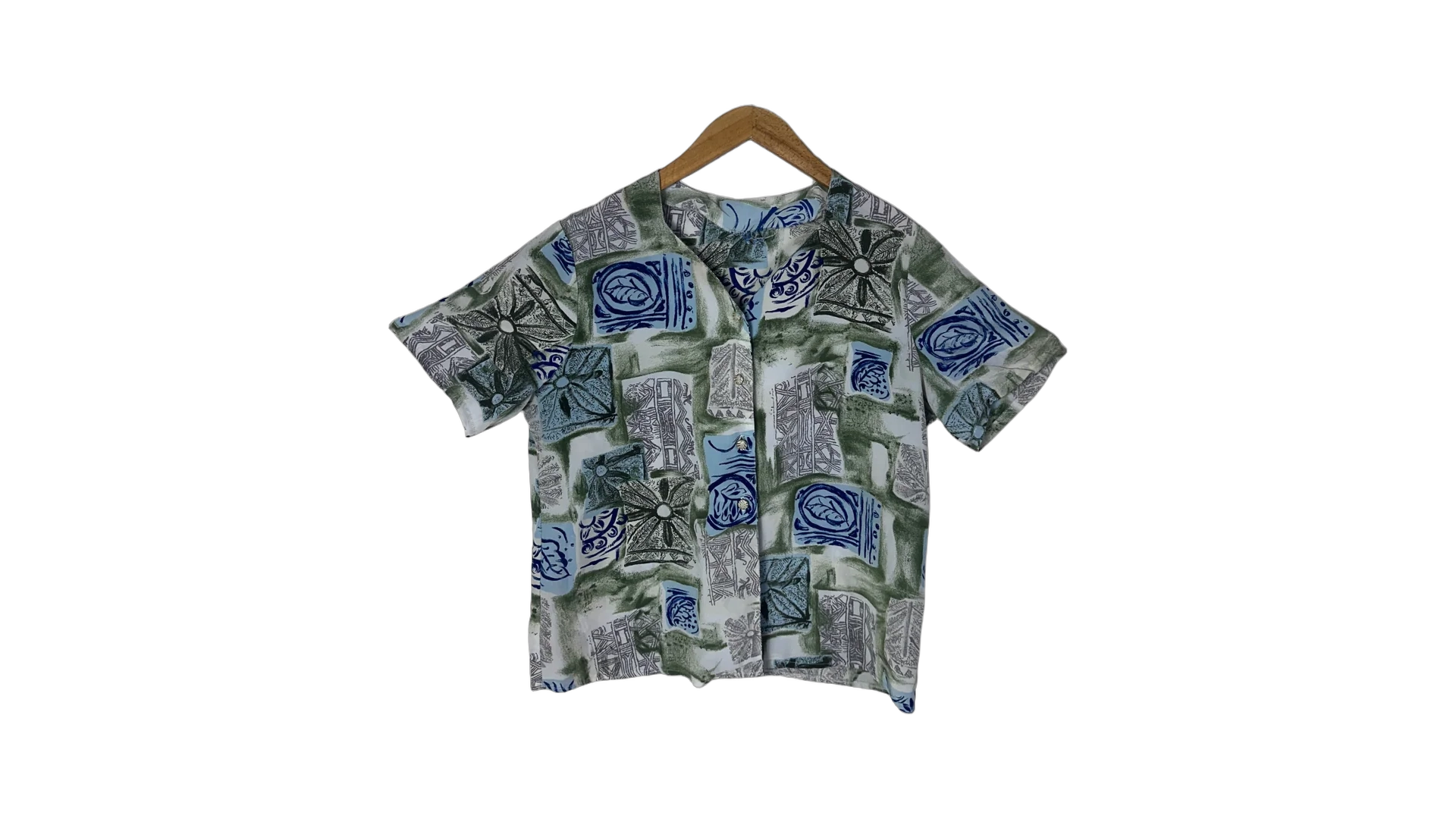 FNK425 90s Abstract Geometric Leaf Print Blouse - Image 1