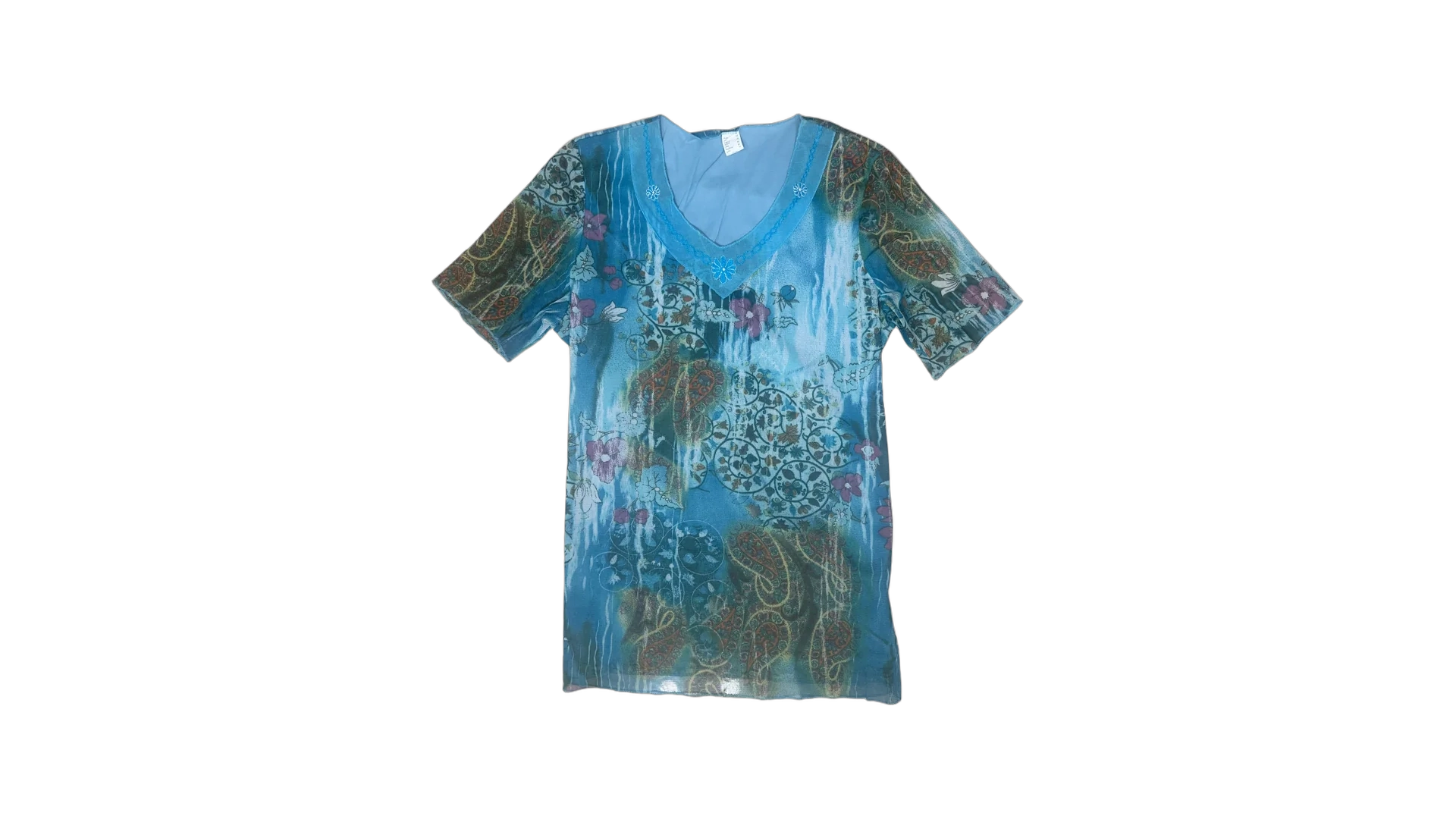FNK442 Y2K Abstract Floral Paisleyop with Embroidered Trim - Image 1