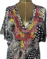 Y2K Bohemian Deep V-Neck Beaded Sheer Tunic Top - Image 2