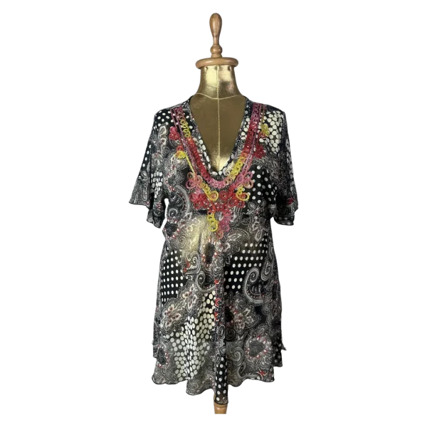 Y2K Bohemian Deep V-Neck Beaded Sheer Tunic Top