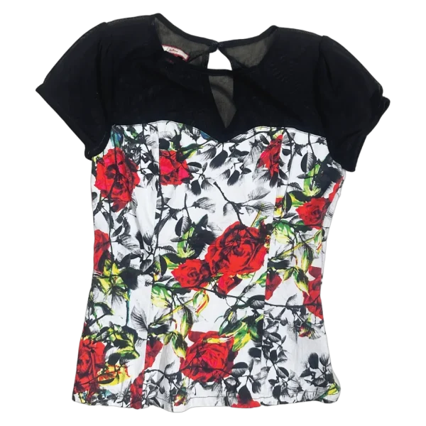 Y2K Joe Browns Rose Print Mesh Panel Top
