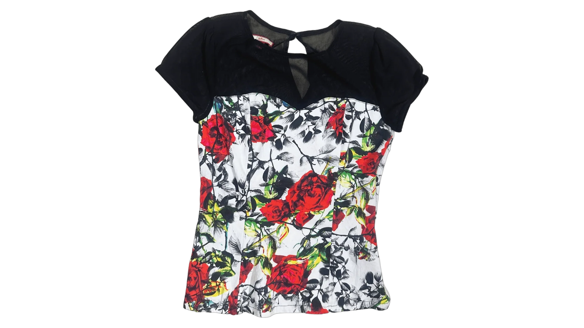 FNK445 Y2K Joe Browns Rose Print Mesh Panel Top - Image 1